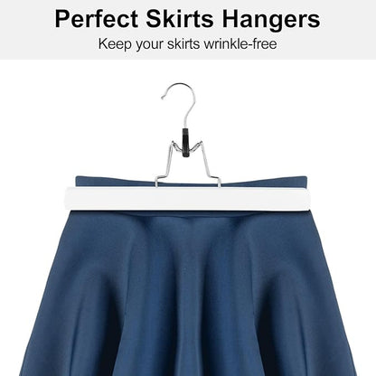 AMKUFO 12 Pack White Wooden Pants Hangers with Clips Non Slip Skirt Hangers Trouser Clamp Hanger Solid Wood Hanger with 360° Swivel Hook
