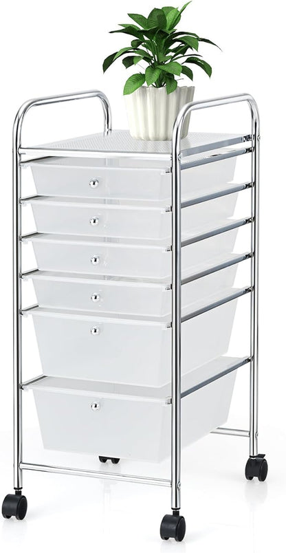 Happygrill 6-Drawer Organizer Cart Tools, Mobile Utility Storage Cart with Removable Drawers & Lockable Wheels, Rolling Storage Cart with Wheels for Home Office,Clear