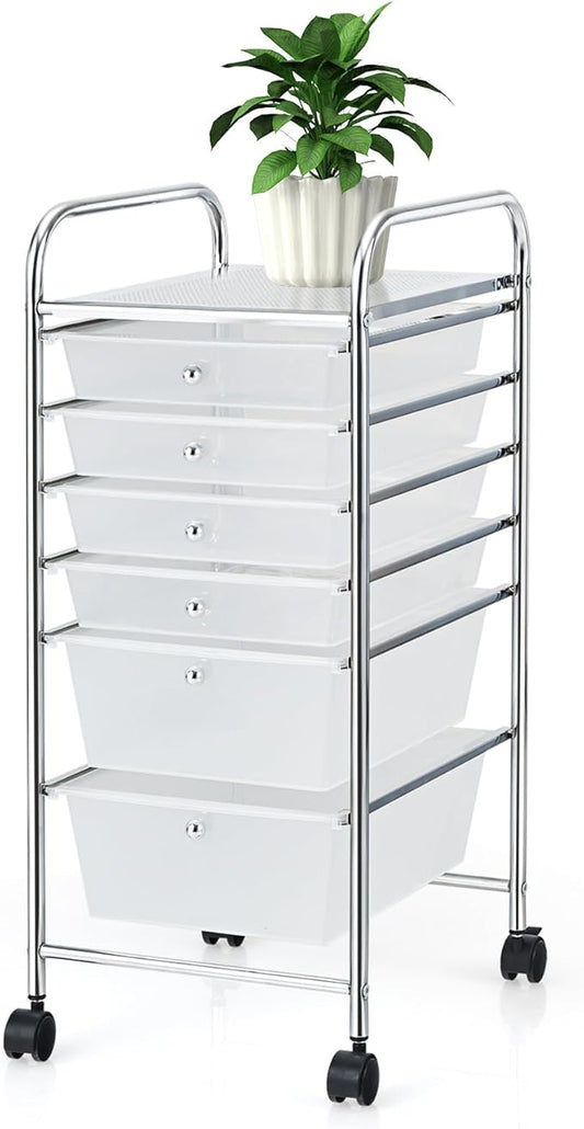Happygrill 6-Drawer Organizer Cart Tools, Mobile Utility Storage Cart with Removable Drawers & Lockable Wheels, Rolling Storage Cart with Wheels for Home Office,Clear