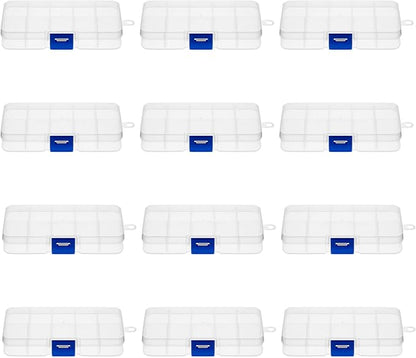 Juvale 12-Pack Mini Tackle Box Organizer - Clear Plastic, 5 x 2.6 x 0.8 In - Customizable Dividers for Screw & Bead Storage - Craft & Earring Storage Containers