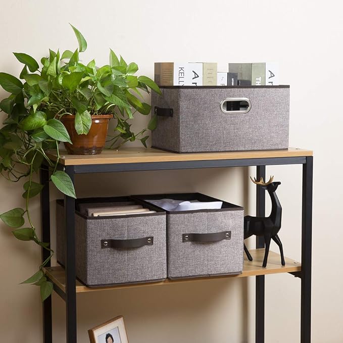PRANDOM Large Foldable Storage Bins for Shelves [3-pack] Decorative Linen Fabric Storage Baskets Cubes with Leather/Metal Handles for Closet Nursery Office Grey and Black Trim (14.9x9.8x8.3 Inch)