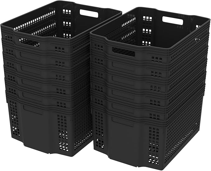 Set of 12 Plastic Large Basket for Pantry Organizing, Plastic Stackable Storage Basket Organizer for Shelf, Black