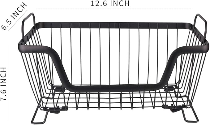 LOTTS Stackable wire basket, Metal Pantry basket, Storage Organizer Bin with Handles, Fruit basket for Kitchen Cabinets, Pantry, Closets, Bedrooms, Bathrooms (12.6×6.5×7.6")- 2 Pack