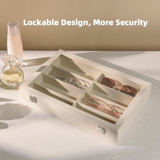 XHMQYC Glasses Holder Box Drawer Sunglass Organizer for Men Clear Wide Storage Case 8 Slots Multiple Reading Glasses Display, Beige Velvet With Clear Glass Lid