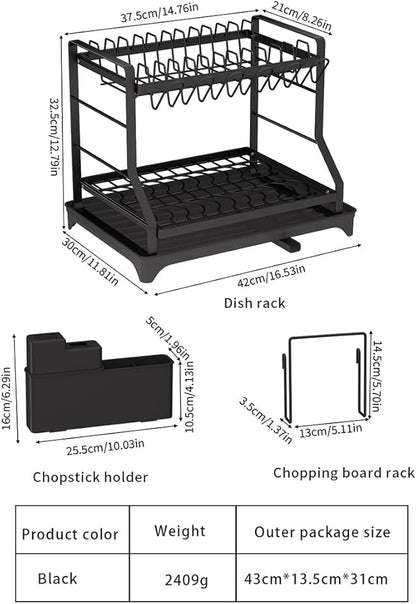 2-Tier Kitchen Dish Rack with Drainboard, Black, Large Capacity Dish Drying Rack with Cup Holder, Knife Block, Cutting Board Rack, 42x32.5x34cm