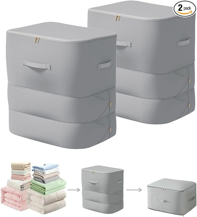 Ultra Space Saving Self Compression Organizer, 3-Layer Zipper Large Capacity Storage Bag, Thick Satin Fabric Heavy Duty Bags for Comforters Blankets Bedding Duvet (Gray, X-Large, 2PC)