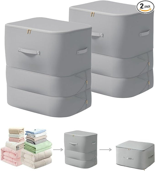 Ultra Space Saving Self Compression Organizer, 3-Layer Zipper Large Capacity Storage Bag, Thick Satin Fabric Heavy Duty Bags for Comforters Blankets Bedding Duvet (Gray, X-Large, 2PC)