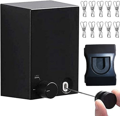 Retractable Clothesline Adjustable Clothes line Retracting Dryer ABS case+Aluminum Outdoor/Indoor, Stainless Steel Rope String Heavy Duty, Self Adhesive Wall Mount Upgrade Knob 1 Black