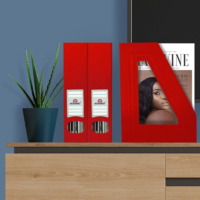 Acrimet Magazine File Holder – Vertical Rack for Documents, Folders and Mail, Durable Plastic Desk Organizer for Office & Home, Solid Red (2 Pack)