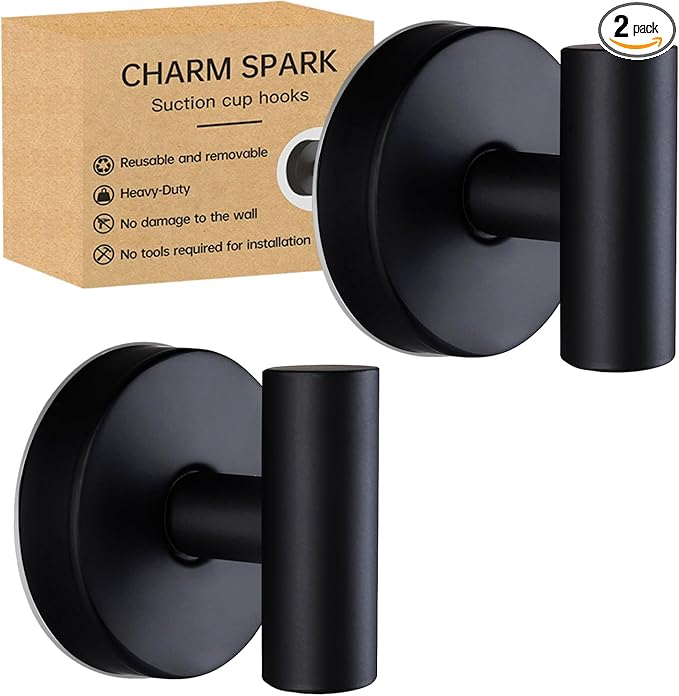 Charm Spark Suction Cup Hooks Bathroom Shower, Stainless Steel Removable and Reusable for Hanging Towels, Coats, Bathrobes, No Drilling Needed, Doesn't Hurt Walls Black 2 (Pack)