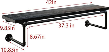 Clothes Rack 42in, Wall Mounted Garment Racks with Real Black Wood Shelf, Heavy Duty Hanging Clothes Rack, Multi-Purpose Hanging Rod, Space-Saving Closet Storage