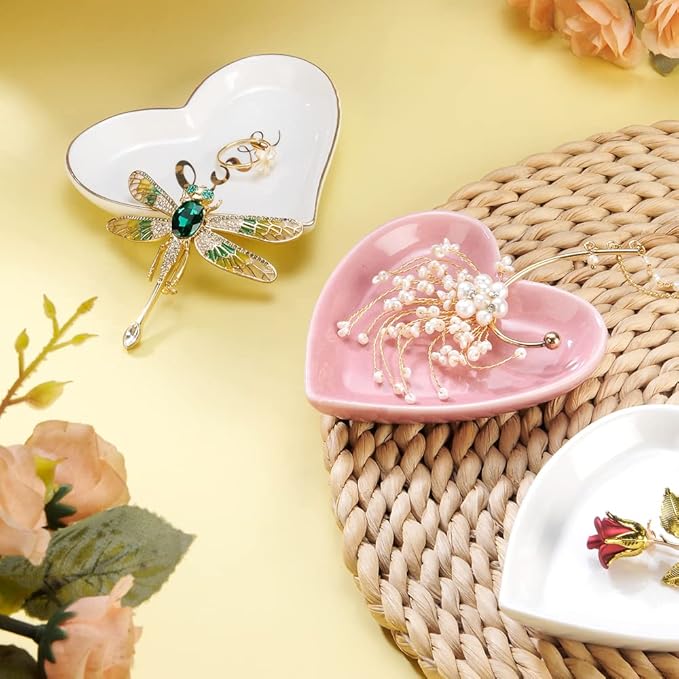 Blank Engagement Wedding Ring Dish for Newlyweds, Heart Shaped Home Decor, Ceramic Jewelry Holder Trays-Sweet Gift for Women, NO ROSE, White.