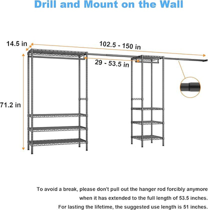 Ulif E11 Heavy-Duty Garment Rack, Metal Freestanding Clothes Rack and Closet Storage Organizer System with 8 Shelves and 4 Hanger Rods, (73.2-97.6)" W x 14.5" D x 71.2" H, Load 1034 LBS, Black