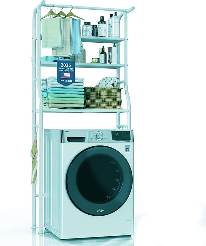 Over The Washer and Dryer Storage Shelf, 3 Tier Laundry Room Metal Drying Rack with Towels Hangers, Space Saver Organizer for Hanging Clothes and Towels (Metal White FA1)