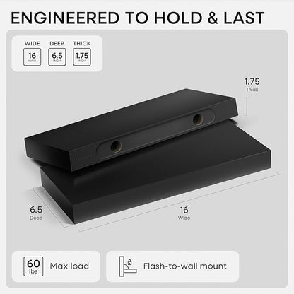 Homeforia 16 inch Black Floating Shelves, High End Solid Real Wood 16inch Bathroom Floating Shelves for Wall Mounted, 16in Wooden Small Floating Shelf, Heavy Duty Bracket, 16 X 6.5 X 1.75 in, Set of 2
