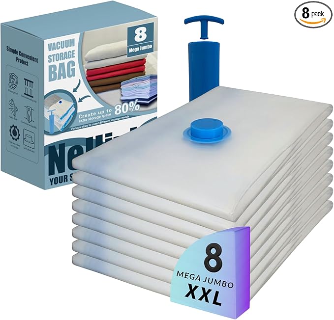 Nellivia 8 Mega Jumbo XXL Vacuum Storage Bags with Pump, Supersized Compression Space Saver for Comforter, duvet, Bedding, Blanket storage, Vacuum Seal Bags for Clothing, Durable Safe Poly Material