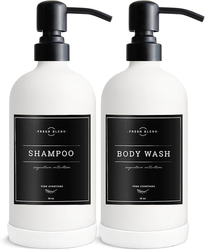 Vine Creations White Glass Soap Dispenser, 2 Pack Kitchen Soap Dispenser Set with Stainless Steel Pump, 16 oz Dish Soap and Hand Soap Dispensers for Bathroom with Waterproof Labels