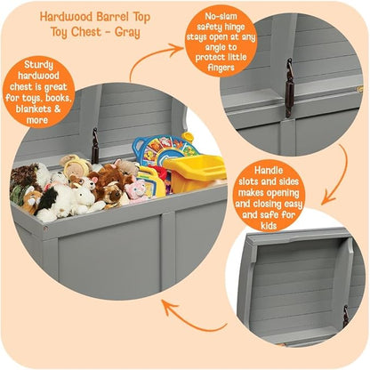 Badger Basket Barrel-Top Wooden Toy Chest - Hardwood Storage Trunk with Safety Hinge, Handle Slots, Spacious Interior - Classic Organizer for Kids' Rooms - Gray