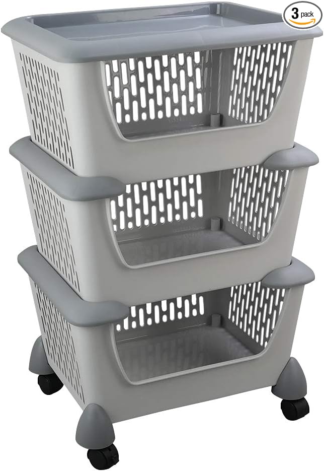 Asking Gray Plastic Kitchen Stackable Storage Basket, 3-Tier Stacking Organizer Basket with Wheeles