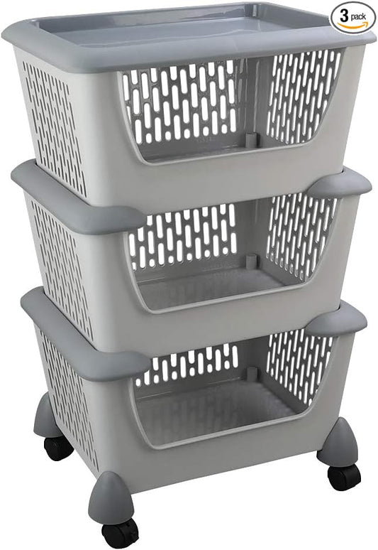 Asking Gray Plastic Kitchen Stackable Storage Basket, 3-Tier Stacking Organizer Basket with Wheeles