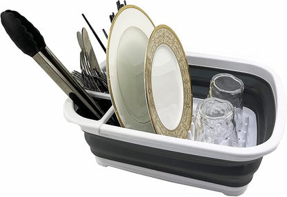 SAMMART 8L (2.11Gallons) Collapsible Dish Drainer - Foldable Drying Rack - Portable Dinnerware Organizer - Space Saving Kitchen Utensil Storage Tray (White/Steel Grey (Set of 2))