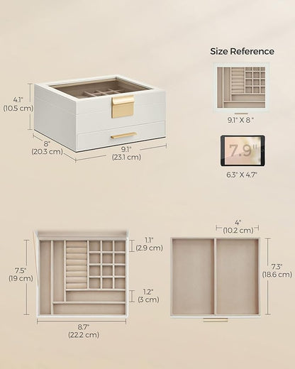 SONGMICS Jewelry Box Organizer with Glass Lid, 2-Layer Jewelry Storage, with 1 Drawer, Modern Style, 8 x 9.1 x 4.1 Inches, Cloud White and Gold Color UJBC174W01