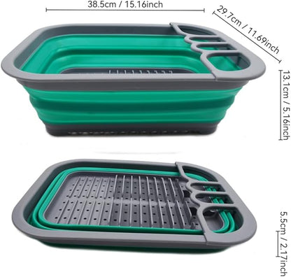 SAMMART Collapsible Plastic Dish Drainer - Foldable Drying Rack Set - Portable Dinnerware Organizer - Space Saving Dishes and Utensil Kitchen Storage (1, Dark Grey/Bluish-Green (w/o Base Board))