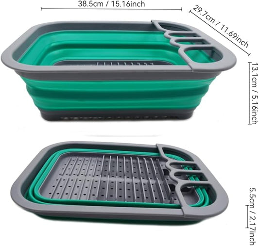 SAMMART Collapsible Plastic Dish Drainer - Foldable Drying Rack Set - Portable Dinnerware Organizer - Space Saving Dishes and Utensil Kitchen Storage (1, Dark Grey/Bluish-Green (w/o Base Board))