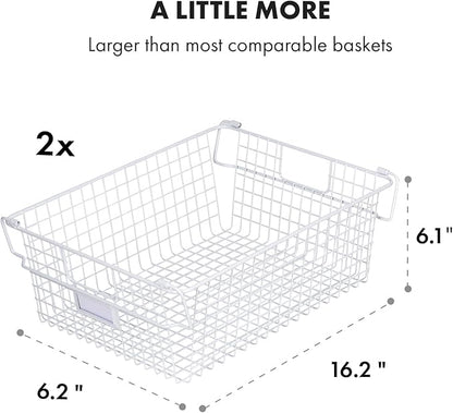 Granrosi Extra Large Stackable Wire Baskets for Organizing — Set of 2 White Wire Storage Baskets with Handles; Snacks & Chips Organizer for Pantry; XL Metal Storage Bins for Pantry