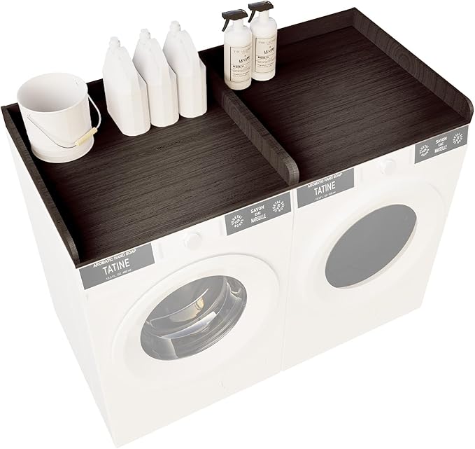 Washer Dryer Countertop with Shelf, 54" x 27" Wooden Laundry Countertop with 2 Hooks & Non-Slip Pads, Washer and Dryer Covers for The Top (Black)