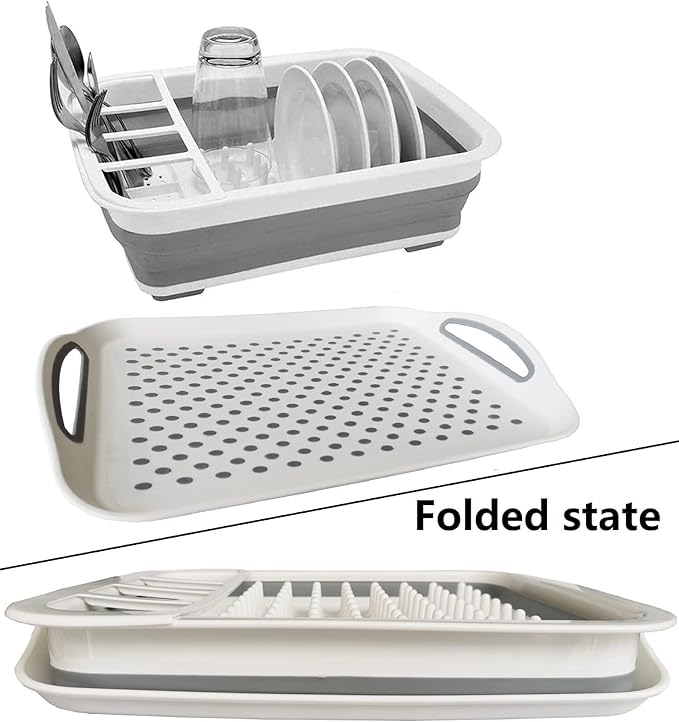Collapsible Dish Drying Rack with Drain board Set Portable Dish Drainer Foldable Drying Dish Storage Rack Silverware Organizer