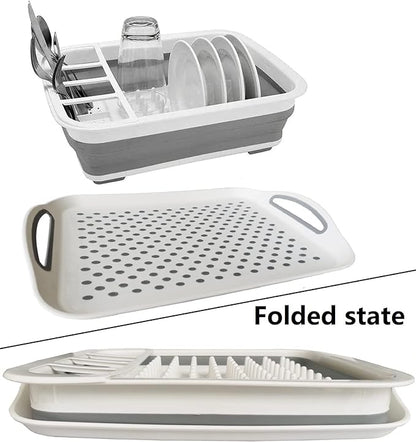 Collapsible Dish Drying Rack with Drain board Set Portable Dish Drainer Foldable Drying Dish Storage Rack Silverware Organizer