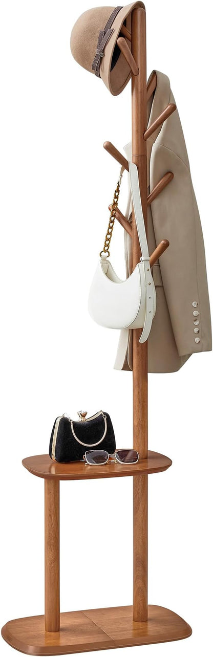 VASAGLE Coat Rack, Free Standing Coat Stand, Hall Coat Tree with 8 Hooks and Storage Shelf, 67.2 Inch Tall, for Coats, Hats, Bags, for Entryway, Hallway, Bedroom, Caramel Brown URCR040K01