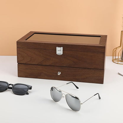 BAOJULONG Wooden Sunglasses Organizer Box, Eyewear Display Eyeglass Case, Glasses Storage Box Sunglass Holder Gifts