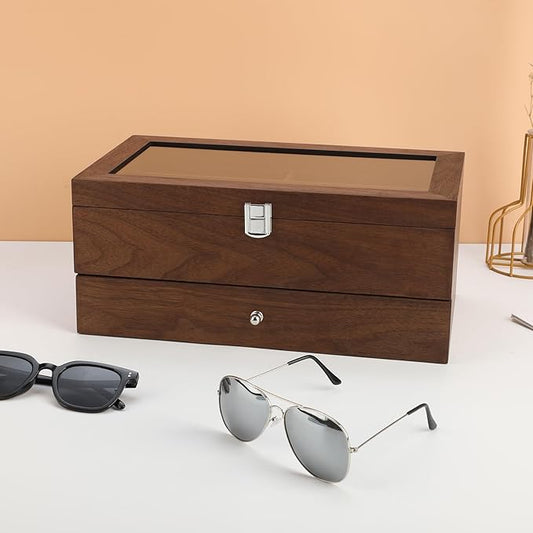 BAOJULONG Wooden Sunglasses Organizer Box, Eyewear Display Eyeglass Case, Glasses Storage Box Sunglass Holder Gifts
