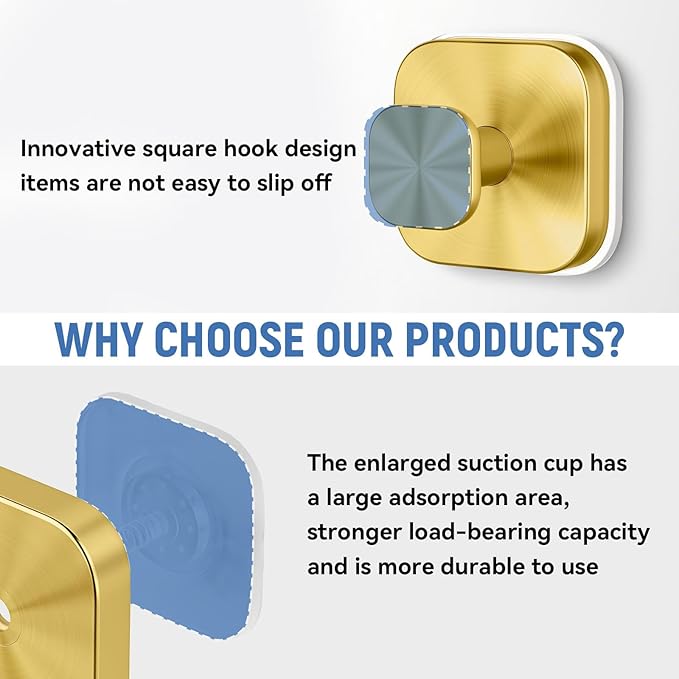 IGDALAR Suction Cup Hooks 4 Pack - Heavy Duty Vacuum Towel Hooks (Max Load 15 lbs) for Shower, Removable Waterproof Wall Hangers for Bathroom Glass, Window & Kitchen (Gold)