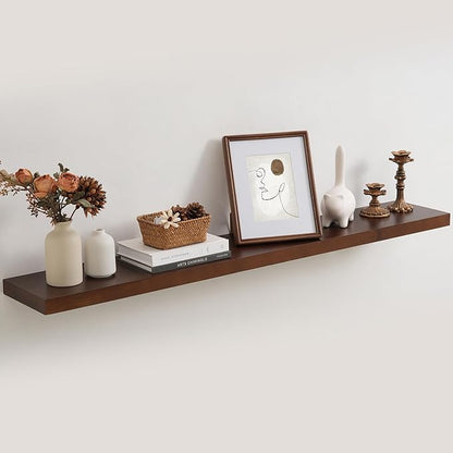 48 Inch Floating Shelf for Fireplace Mantel - 8 Inch Deep Rustic Solid Pine Wood Wall Shelf - Farmhouse Style Shelf with Heavy-Duty Metal Brackets - 48"W x 8"D - American Walnut, Set of 1