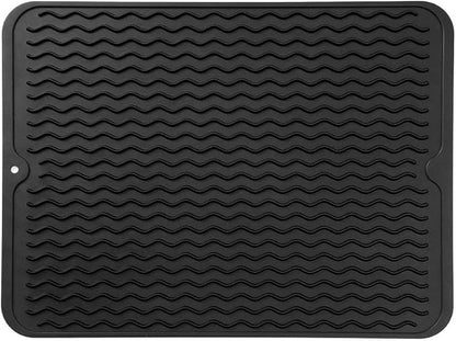 Silicone Dish Drying Mat for Multiple Usage,Easy clean,Eco-friendly,Heat-resistant Silicone Mat for Kitchen Counter or Sink,Refrigerator or drawer liner Black L 16 inches x 12 inches
