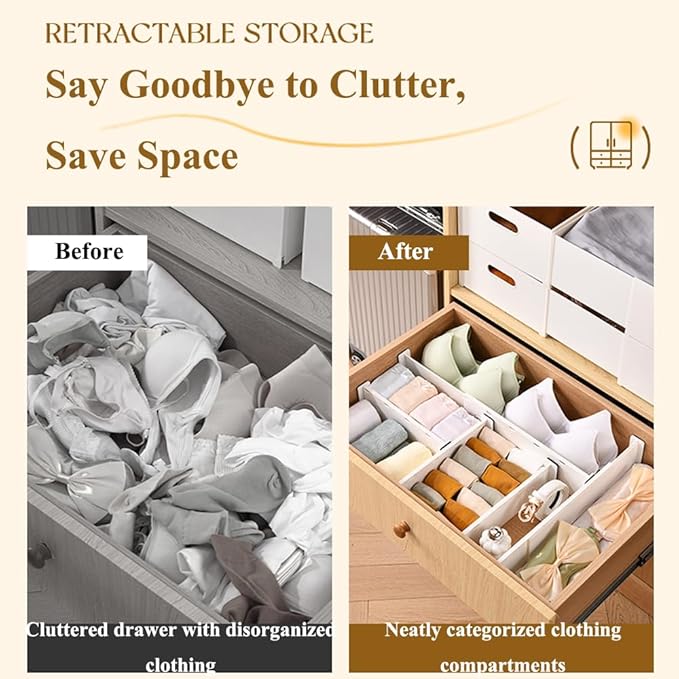 Adjustable Drawer Organizer Set, 6-Pack, 10.8"-17.9" Expandable, 3.1" High, Plastic Storage Dividers for Closets, Kitchen, Bedroom, Bathroom