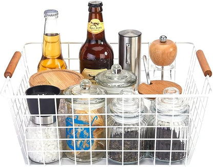 LeleCAT Large white wire baskets with Wooden Handles for storage pantry, Storage Organizer Baskets, Household Refrigerator for Cabinets, Closets, Bedrooms, kitchen - Set of 3 White