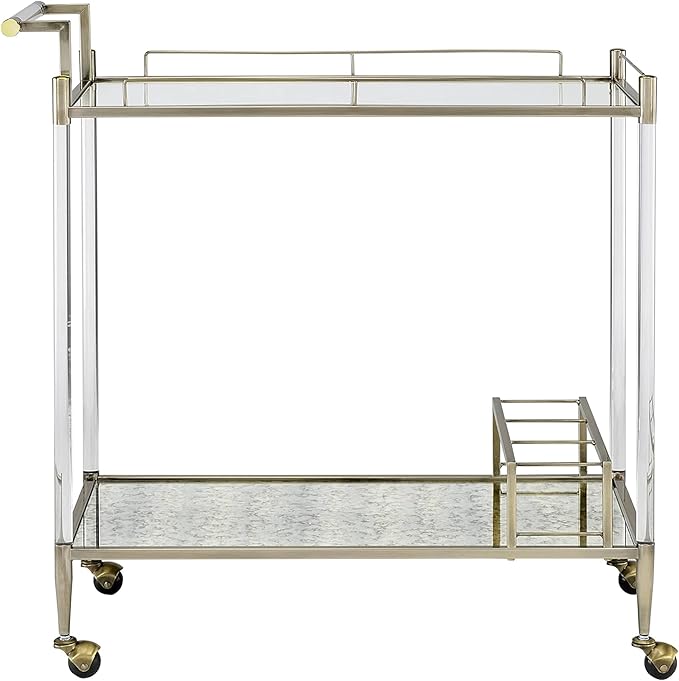 Cirro Glass Bar Cart with Antique Mirror, 2-Tier Serving Cart with Wire Brass Finish Frame, 39x16x37 Inch, Rolling Wheels