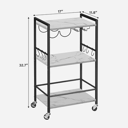 TUTOTAK Bar Cart, Home Bar Serving Cart, Small Wine Cart with 3-Tier Shelf, Beverage cart, Drink Cart with Wine Rack and Glass Holder, Rolling bar carts for Home, Living Room, Marble White BC01BM035
