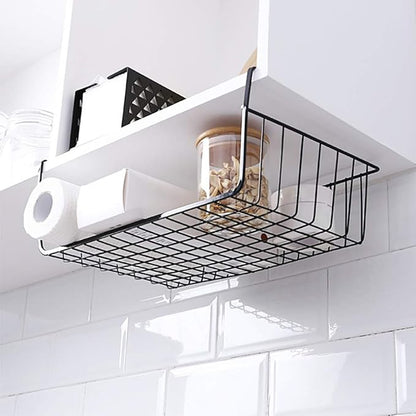 4 Pack Under Shelf Basket, Under Cabinet Organizer Shelf, Durable Metal Wire Rack Hanging Basket Storage Rack, Shelf Organizing for Kitchen/Pantry/Bathroom/Desk-Slide Arms Height:1.45in(Black)
