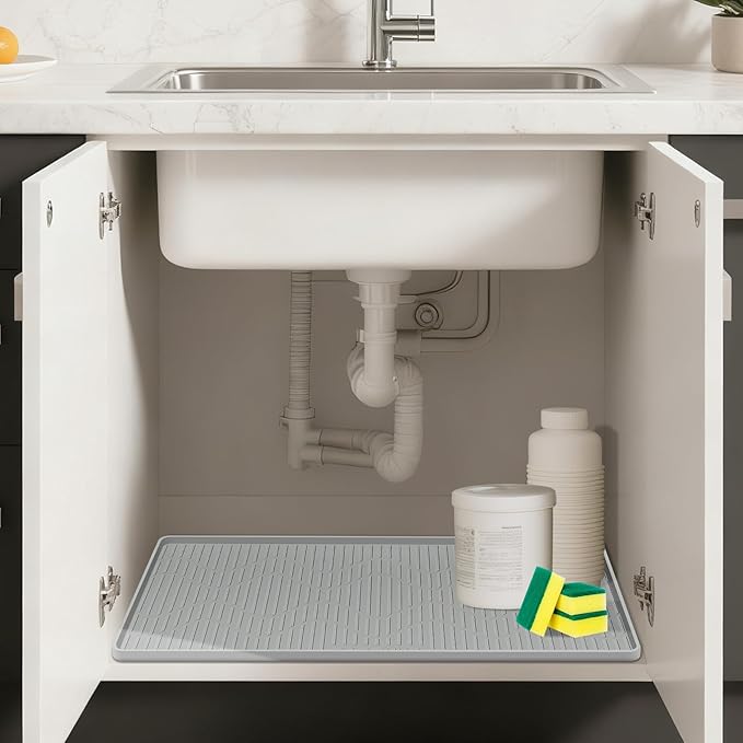 Lanstics 32" x 22" Under Sink Mat for Kitchen Under Sink Organizer Waterproof Raised Edge Silicone Mat Sink Protector Silicone Organizers Tray for Kitchen Bathroom