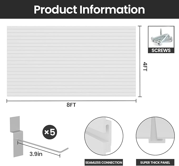 Slatwall Panel Wall Storage Systems, 4x8 ft Slat Wall Paneling Garage Wall Organizer with Five Hooks, Heavy Duty Wall Mounted PVC Wall Rack, White