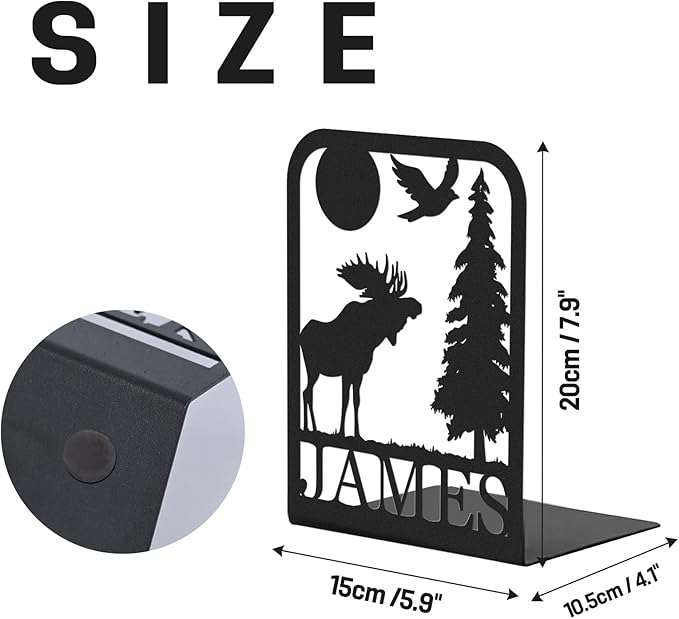 Custom Deer Metal Book Ends 2 Pcs, Forest Theme Bookends for Shelves Decorative, Heavy Duty Bookend Stopper, Deer Cabin Decor, Book Organizer for Desk, Black Book Holders for Home Office, Hunter Gifts