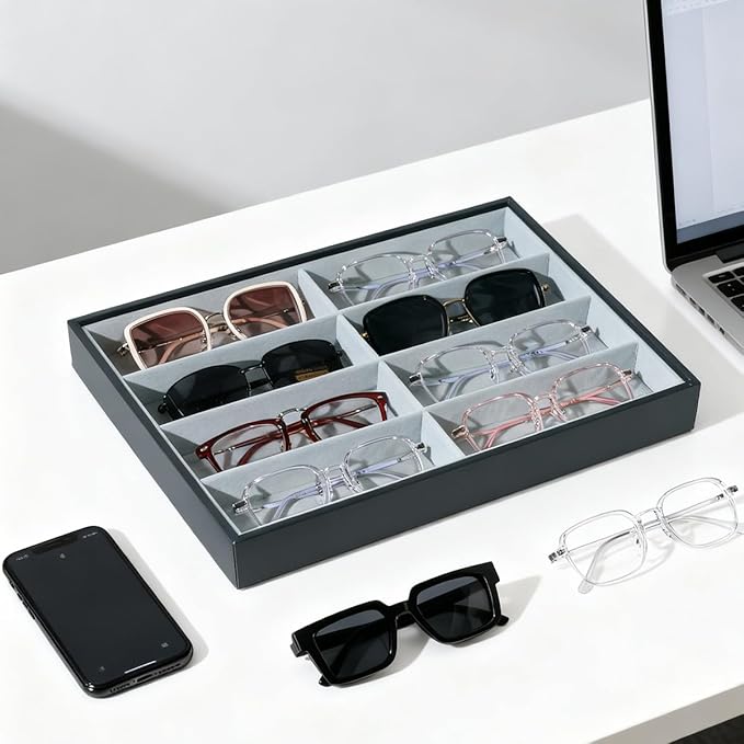 XHMQYC Glasses Holder Box Drawer Sunglass Organizer for Men Clear Wide Storage Case 8 Slots Multiple Reading Glasses Display, Black Leather