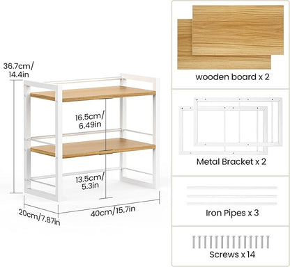Office Desk Shelf Organizer, Wood Desktop Bookshelf Supplies Storage Rack, Shelf for Top of Desk and Dresser (White-2 Tier)