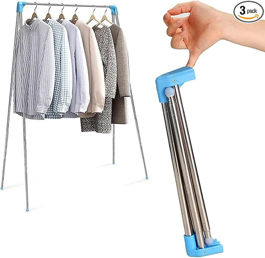 Portable Garment Rack, Folding Clothes Rack, Collapsible Clothing Rack for Dance, Travel, Camping, Laundry, Indoor, Outdoor, Drying, RV, Mini Compact Racks Blue + 3 Foldable Clothes Hangers