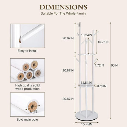 Wood Coat Rack with 3 Shelves and 9 Hooks, Freestanding Rotary Coat Tree for Entryway, Bedroom, Living Room, Hallway – Holds Jackets, Coats, Hats, Bags (White)